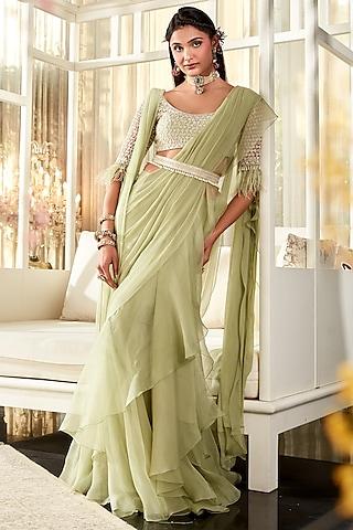 mint embroidered draped saree set