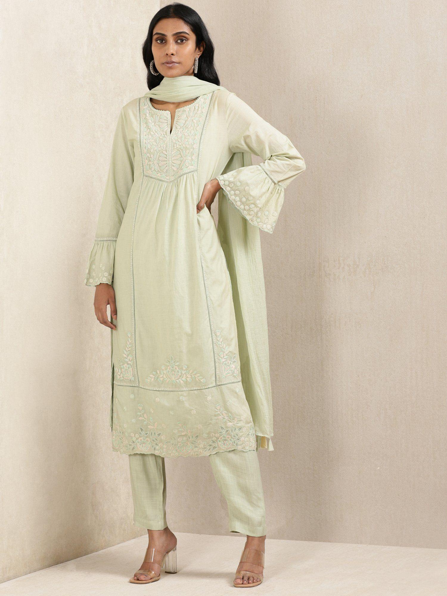 mint embroidered kurta with pant and dupatta (set of 3)