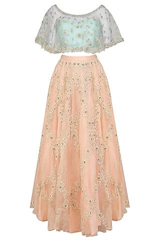 mint embroidered off shoulder crop top with peach embellished lehenga