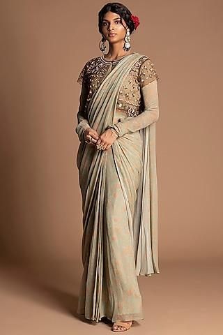 mint embroidered pre-stitched saree set