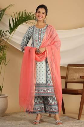 mint ethnic motif printed pure cotton kurta palazzos & kota doria dupatta with beads & sequins - mint