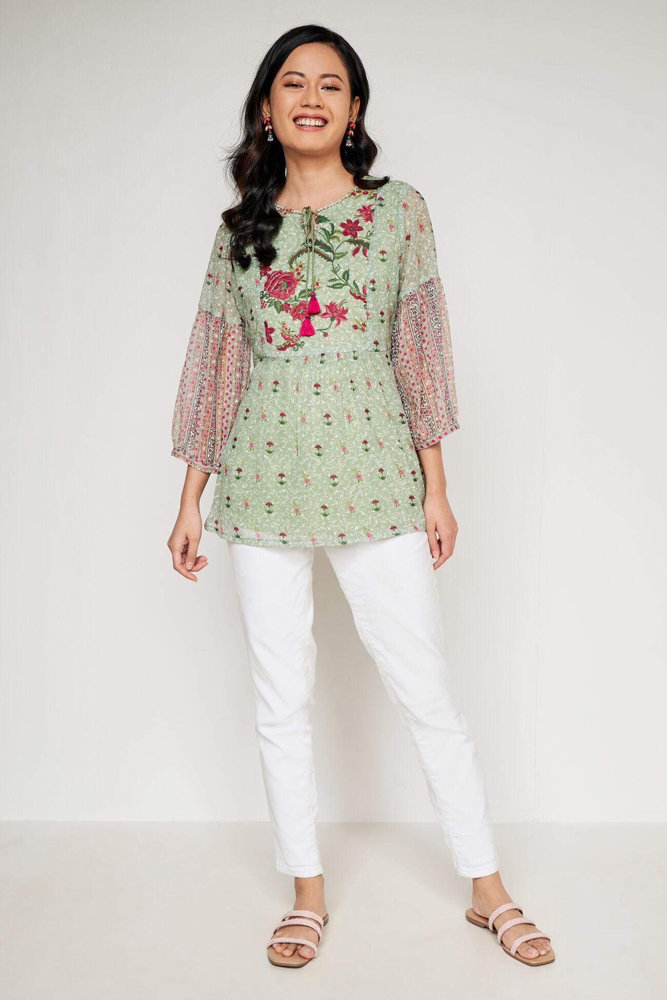 mint floral gathered fit and flare top