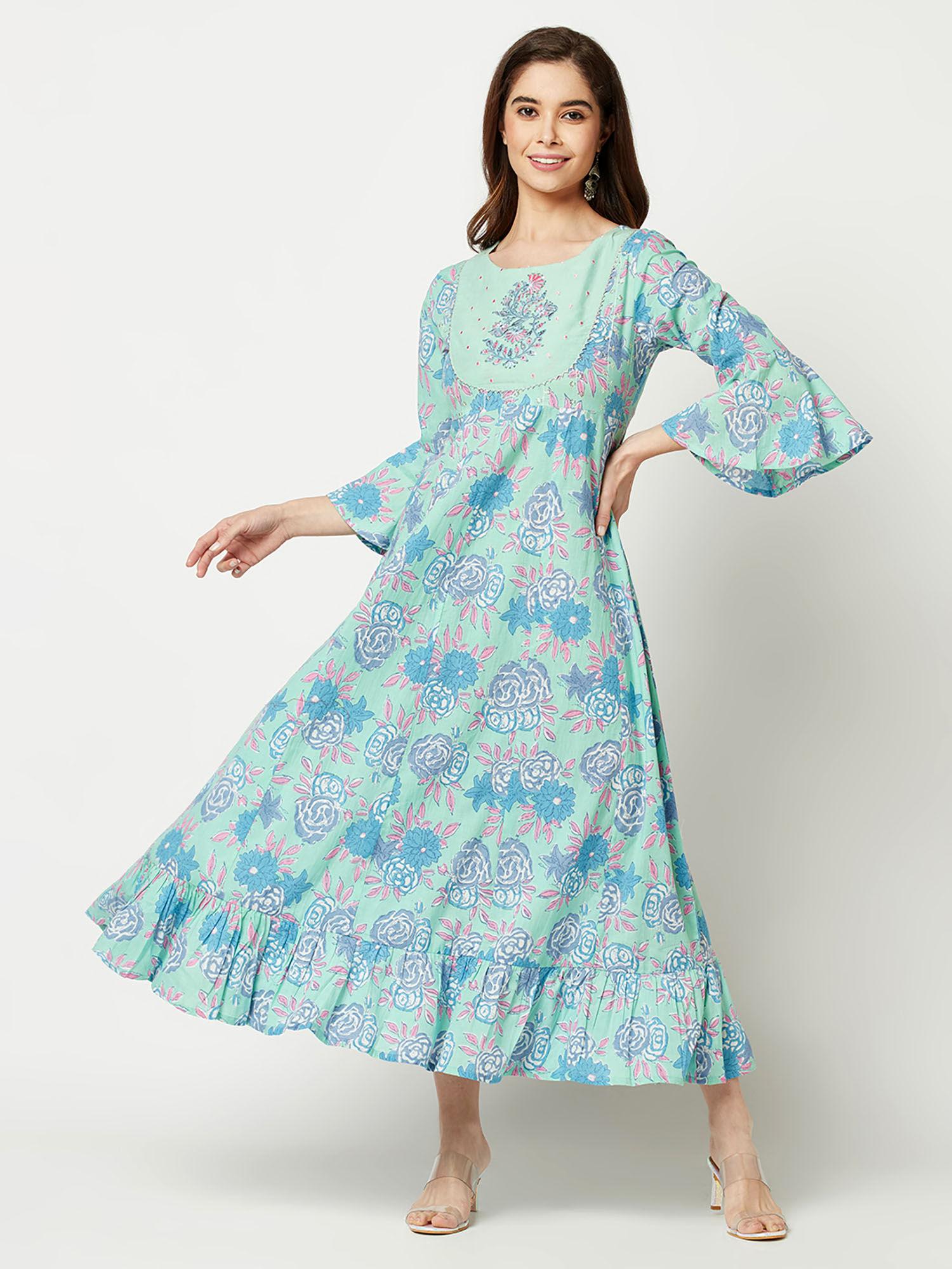 mint floral print anarkali dress for women