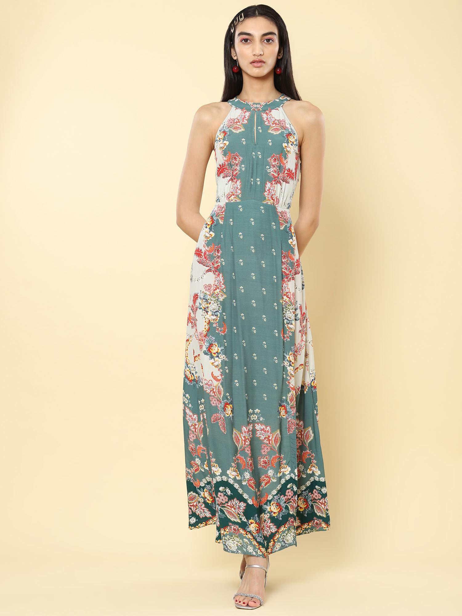 mint floral print halter maxi dress