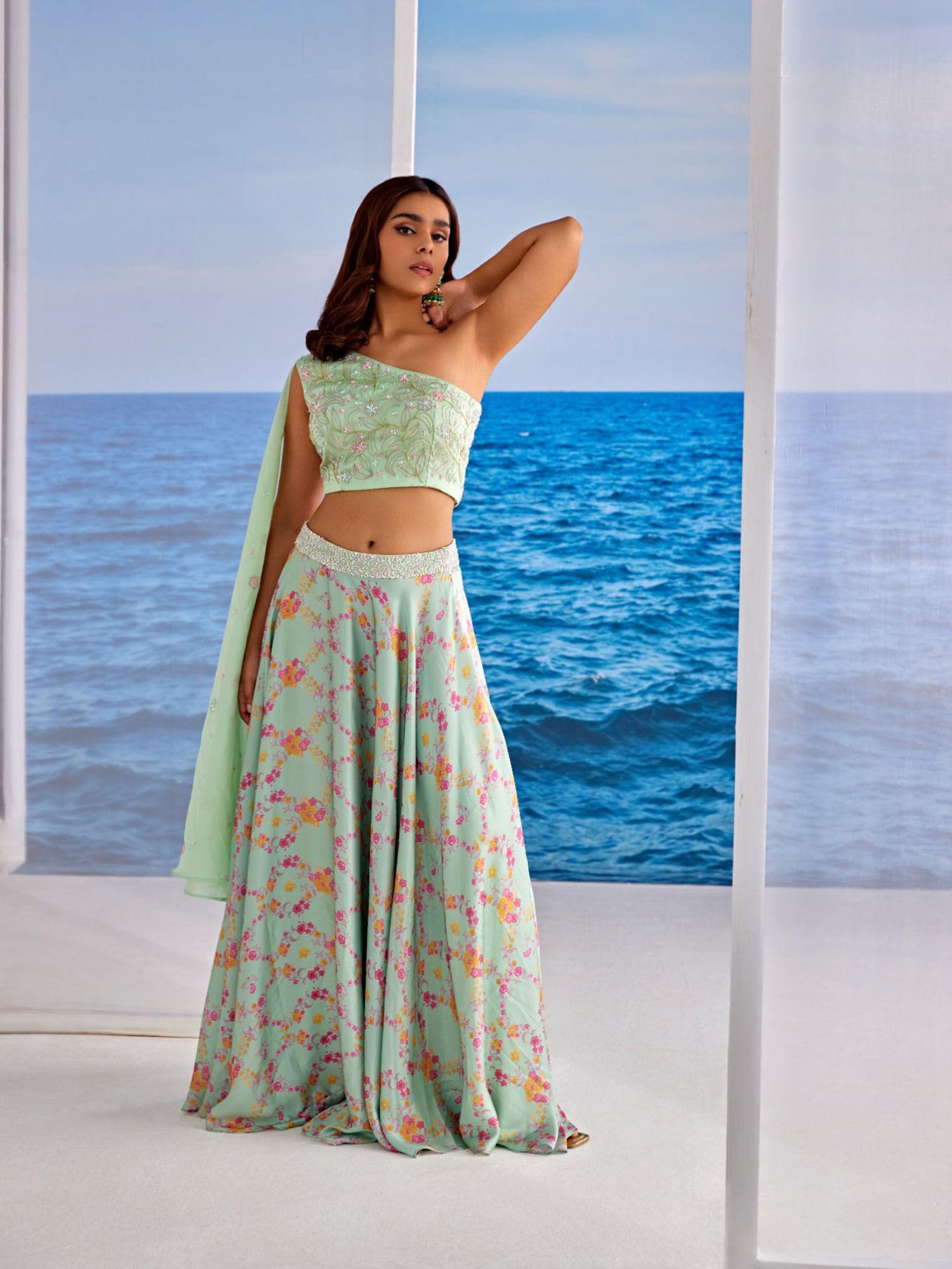 mint fusion lehenga with stitched blouse (set of 2)