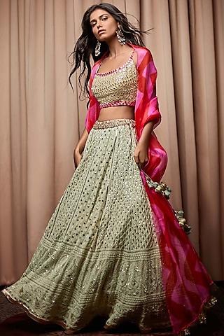 mint georgette chikankari badla embroidered lehenga set