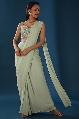mint georgette embroidered draped saree set