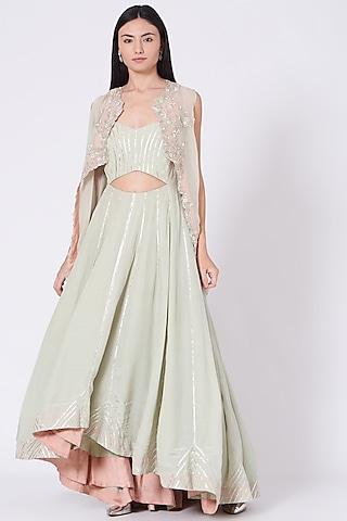 mint green & coral embroidered gown with cape