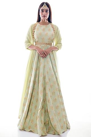 mint green & gold organza anarkali set