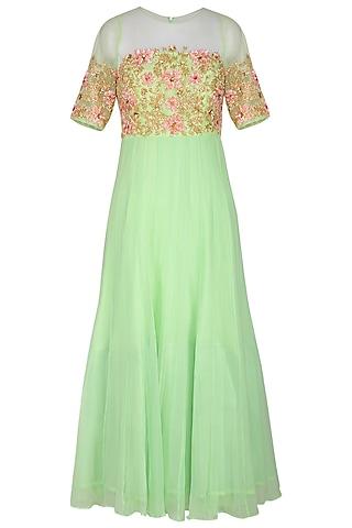 mint green & peach embroidered anarkali set