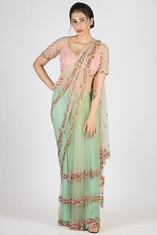 mint green & peach embroidered saree set