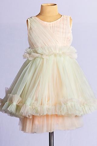 mint green & peach net pleated dress for girls