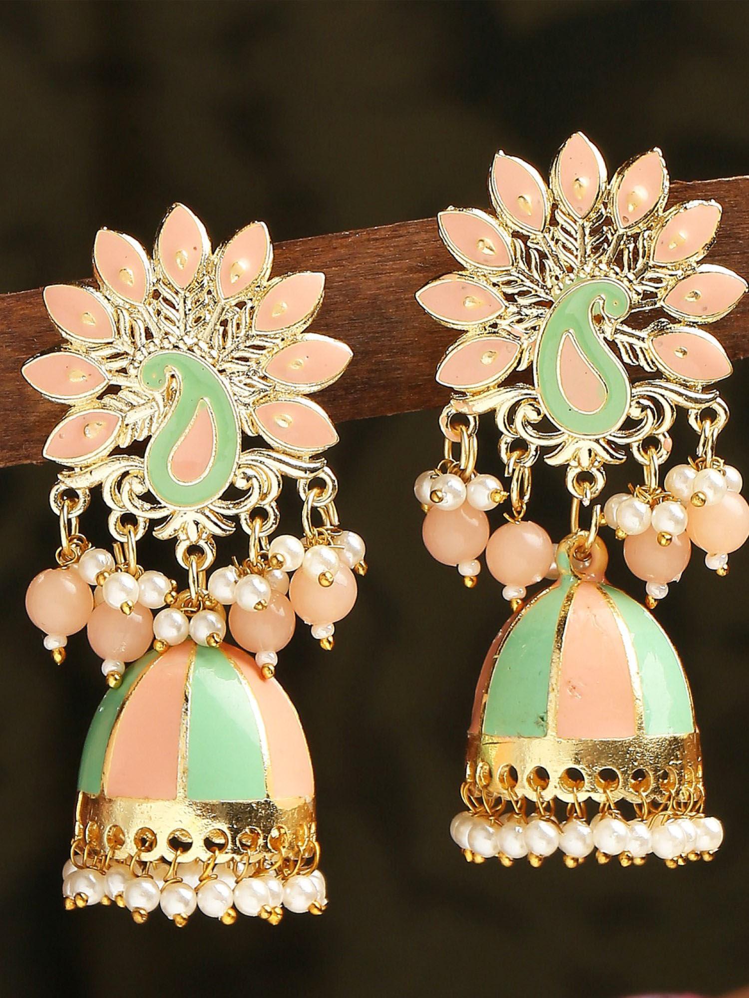 mint green & peach pink meenakari pearls peacock jhumka earrings
