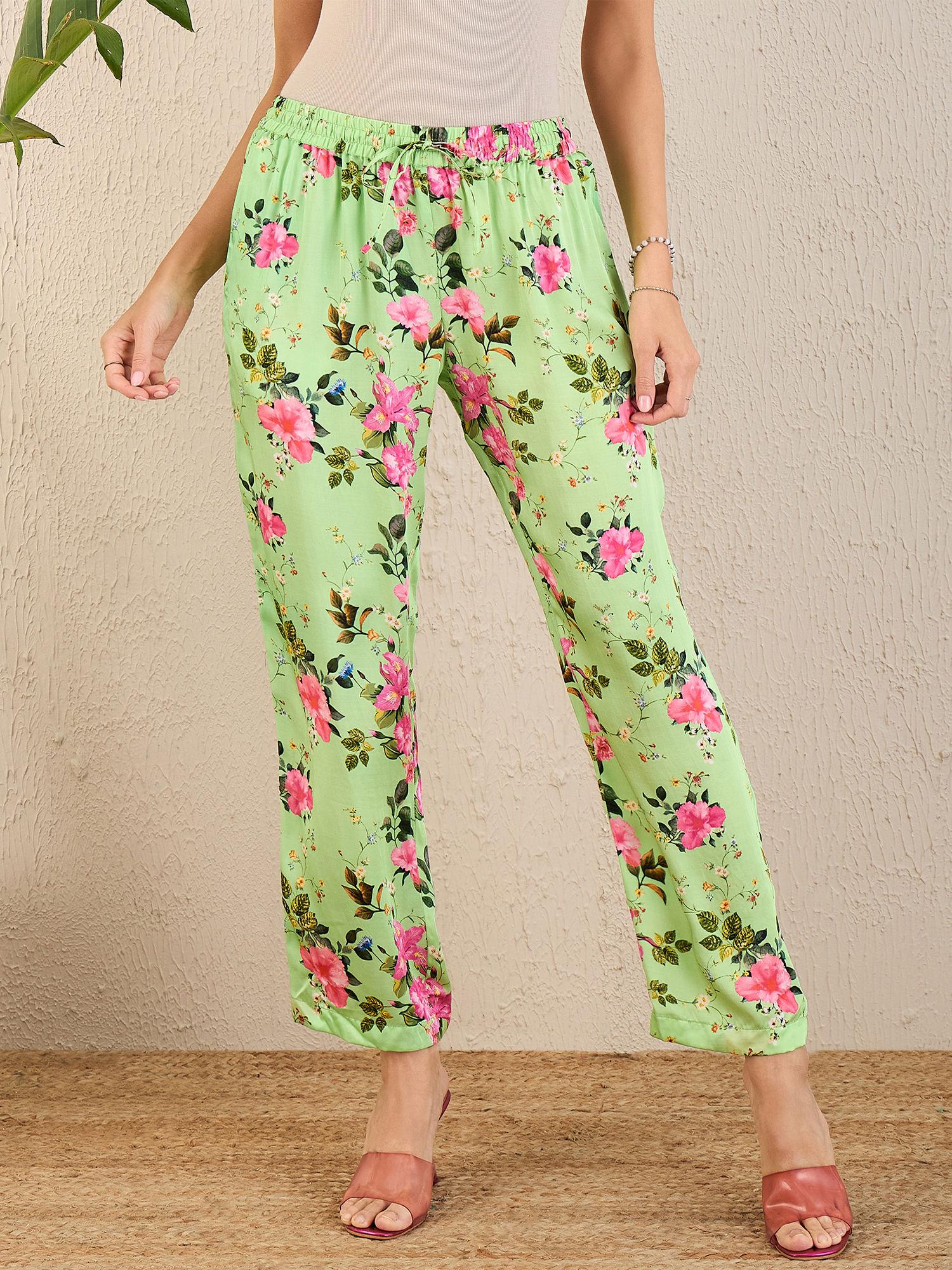 mint green & pink garden print straight pant