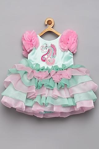 mint green & pink organza hand embroidered frilled dress for girls