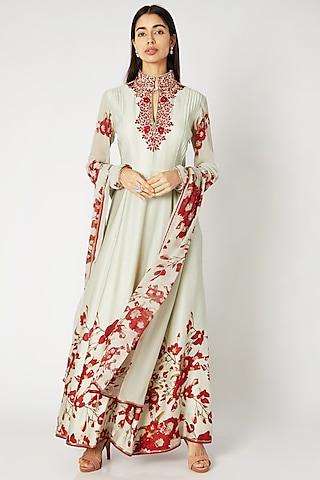 mint green & red printed embroidered anarkali set