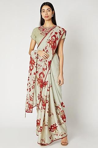 mint green & red printed embroidered saree set