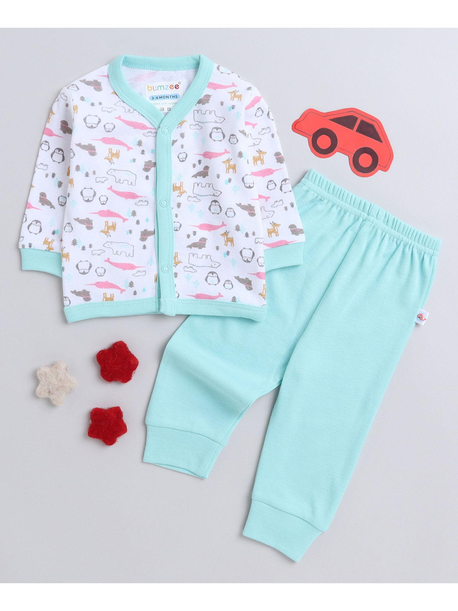 mint green & white baby girls full sleeves jabla & pyjama (set of 2)