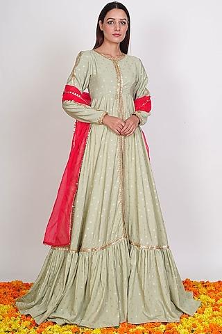 mint green anarkali with red dupatta