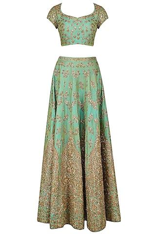 mint green and gold floral embroidered lehenga set