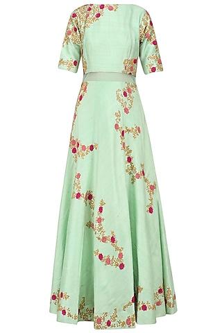 mint green and peach floral embroidered anarkali set