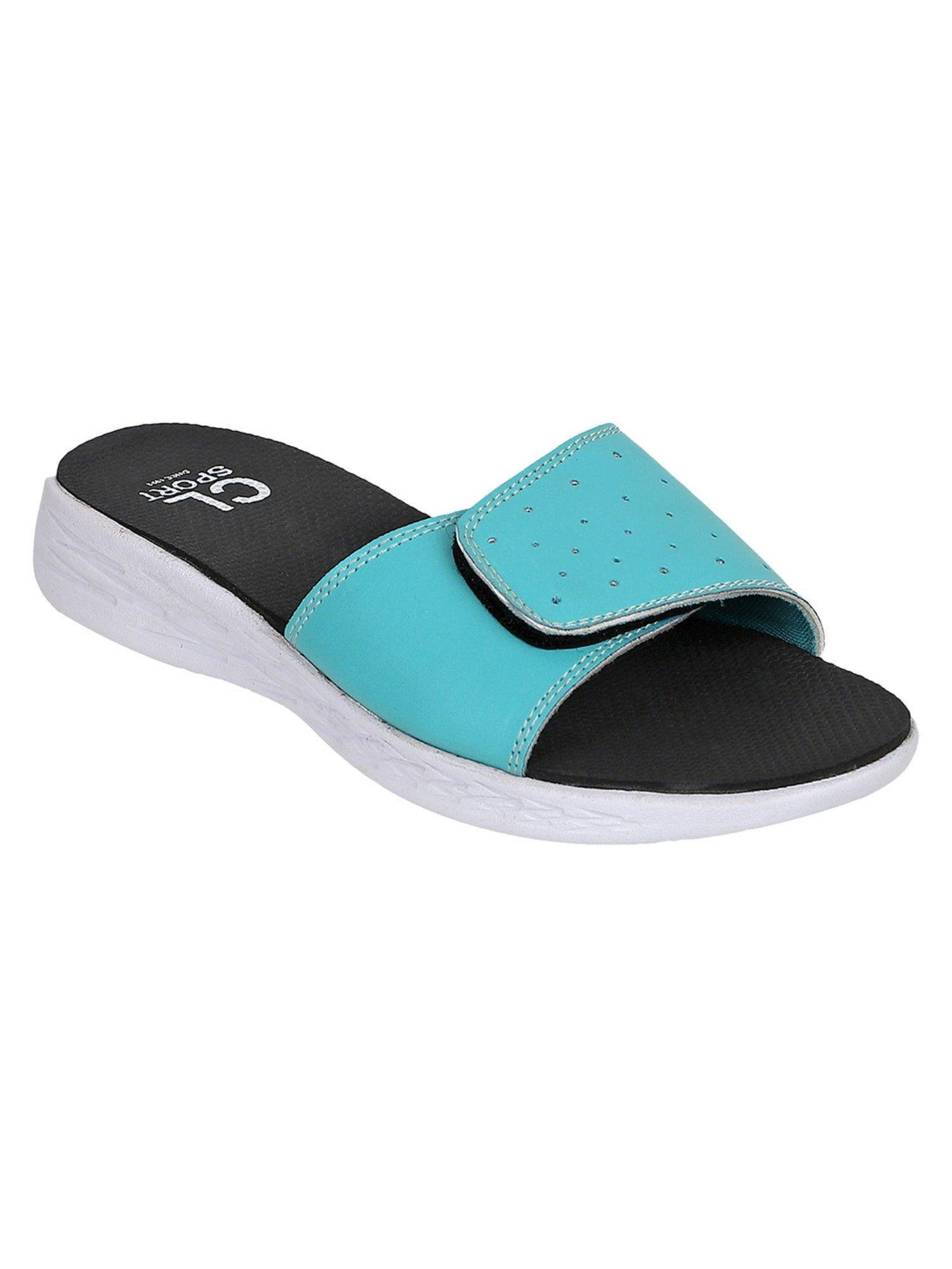 mint green-black women solid plain sliders