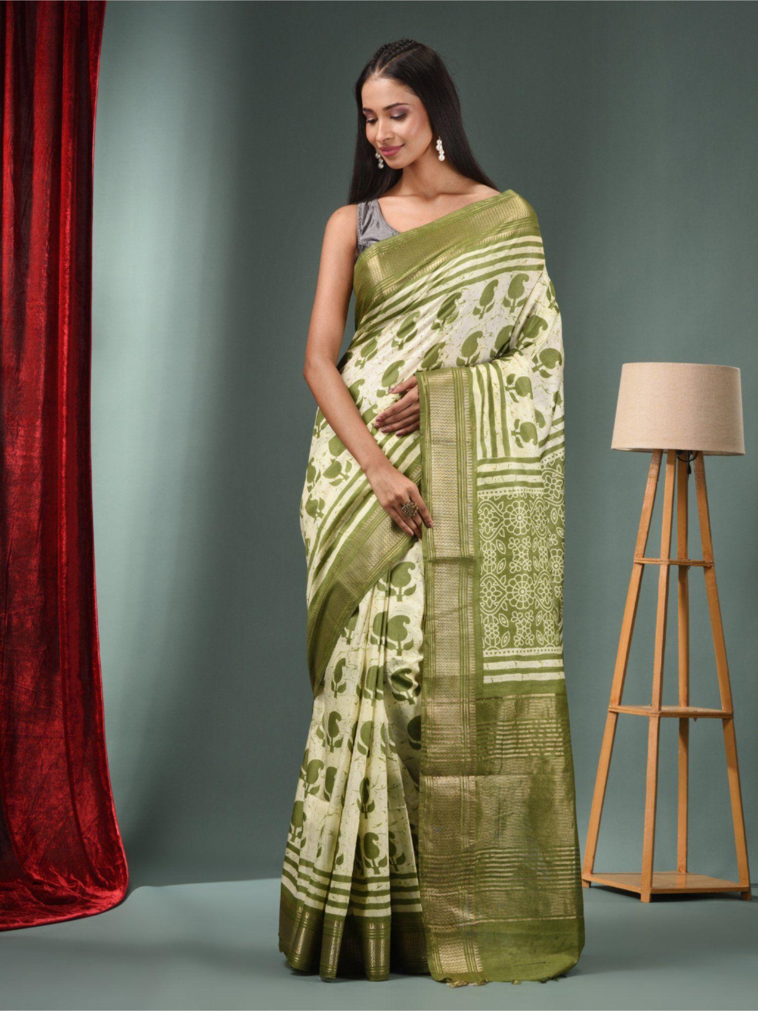 mint green blended silk handwoven saree with zari border & unstitched blouse