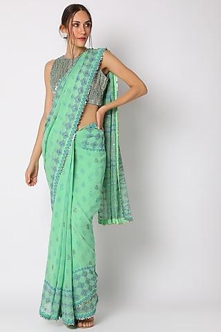 mint green block printed & hand embellished saree set