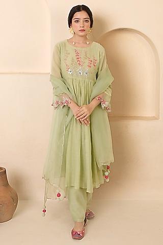 mint green chanderi cotton hand embroidered straight kurta set