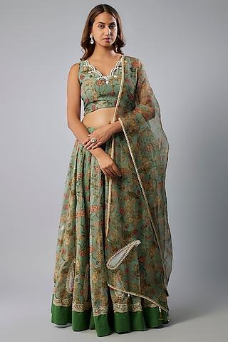 mint green chanderi digital printed lehenga set