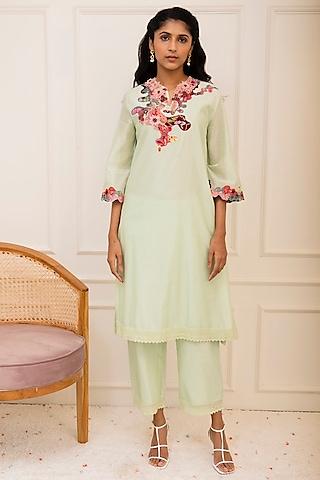 mint green chanderi embroidered kurta set