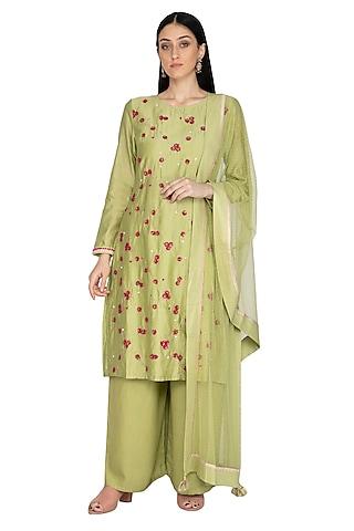 mint green chanderi floral embroidered tunic set