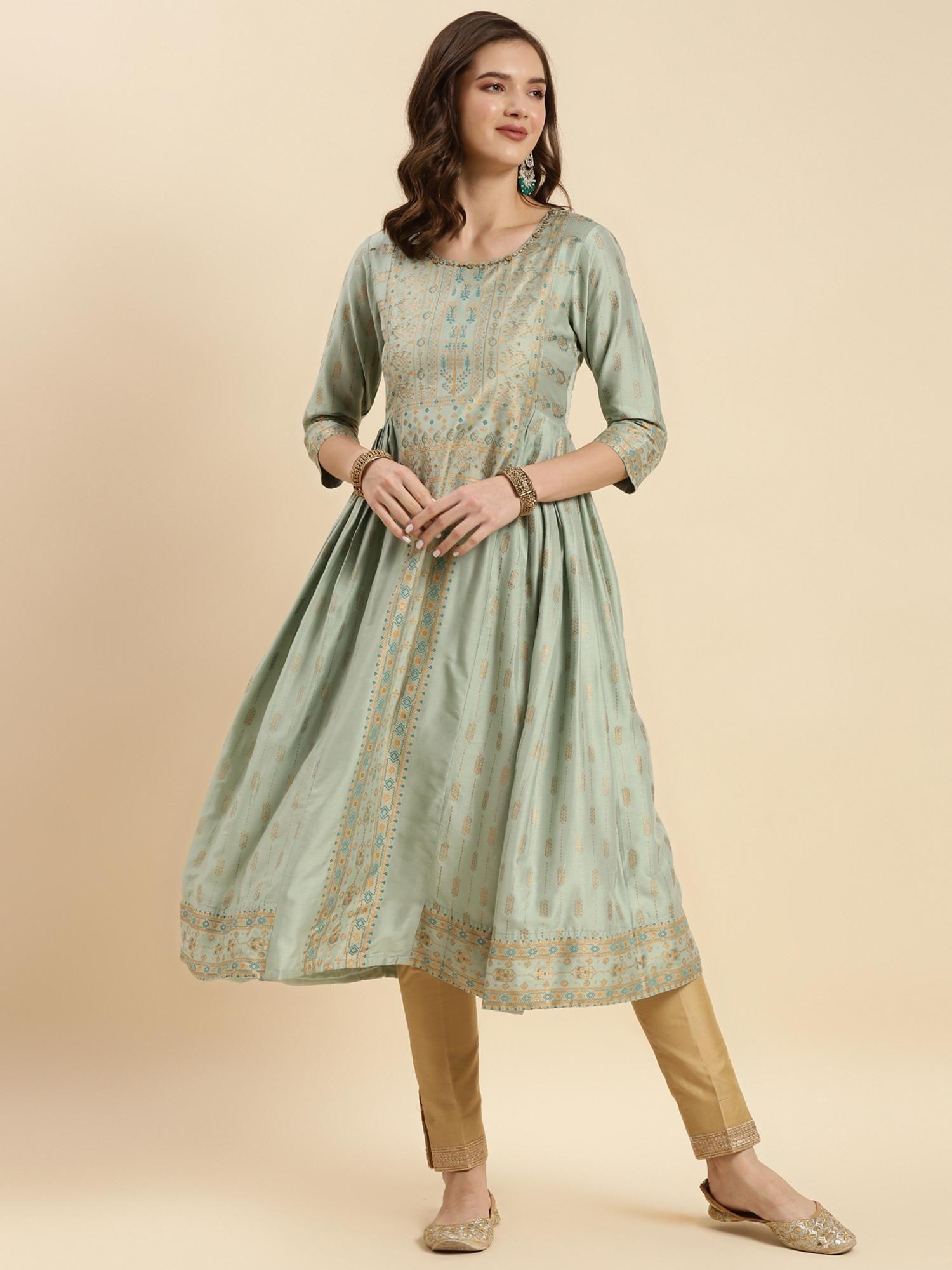 mint green chanderi printed calf length flared kurta