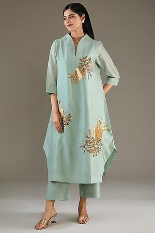 mint green chanderi sequins hand embroidered tunic set