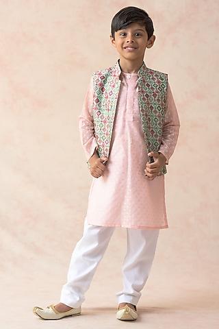 mint green chanderi silk patola printed nehru jacket set for boys