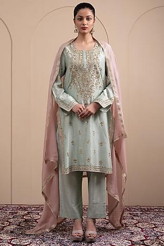 mint green chanderi silk zari & sequins embroidered kurta set