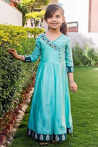 mint green chanderi thread embroidered dress for girls