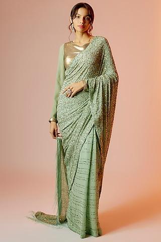 mint green chiffon embroidered saree set