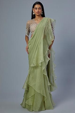mint green chiffon organza draped ruffled saree set