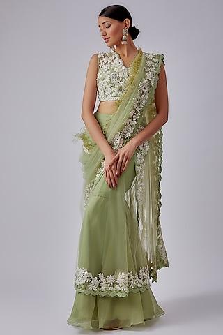 mint green chiffon organza embroidered draped saree set