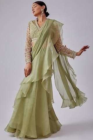mint green chiffon organza ruffled draped saree set