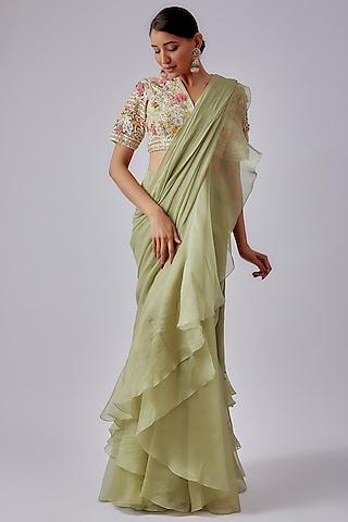 mint green chiffon organza ruffled draped saree set