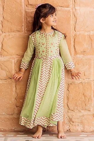 mint green chiffon printed & dori embroidered anarkali dress for girls