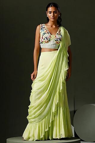 mint green chinon ruffled gharara saree set