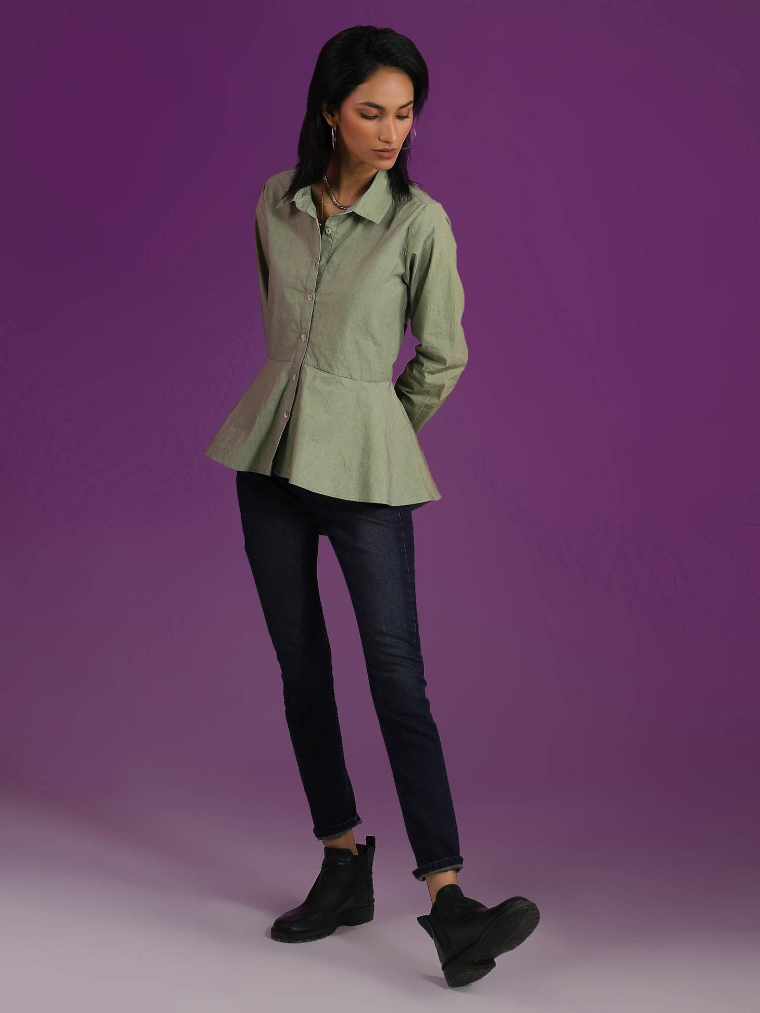 mint green collar neck full sleeves shirt