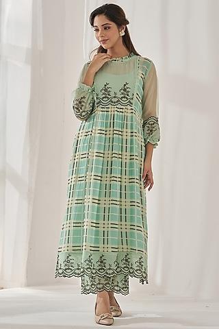 mint green cotton chanderi checks printed & thread embroidered kurta set