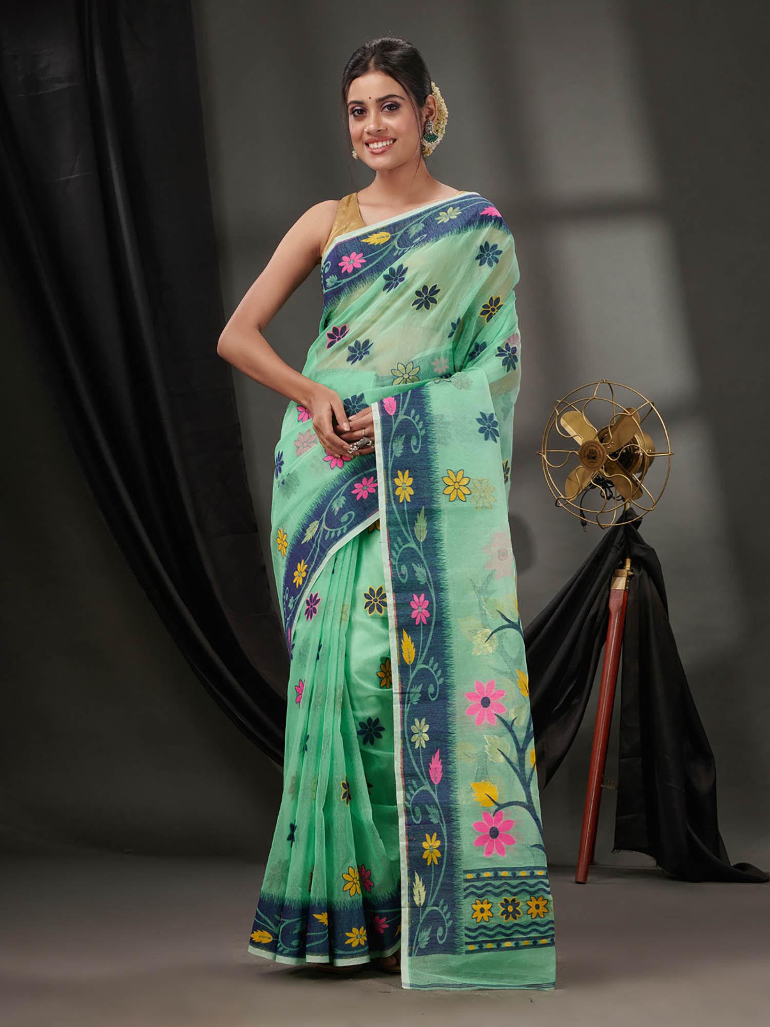 mint green cotton dhakai jamdhani handwoven saree without blouse & floral designs