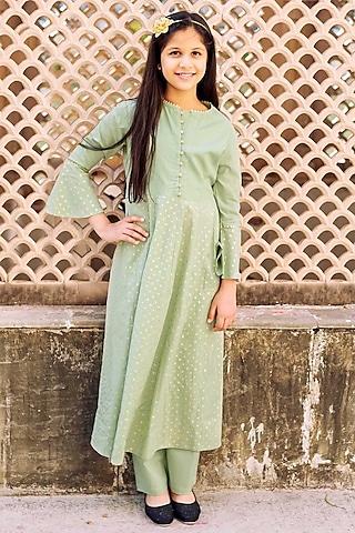 mint green cotton hand block printed kurta set for girls