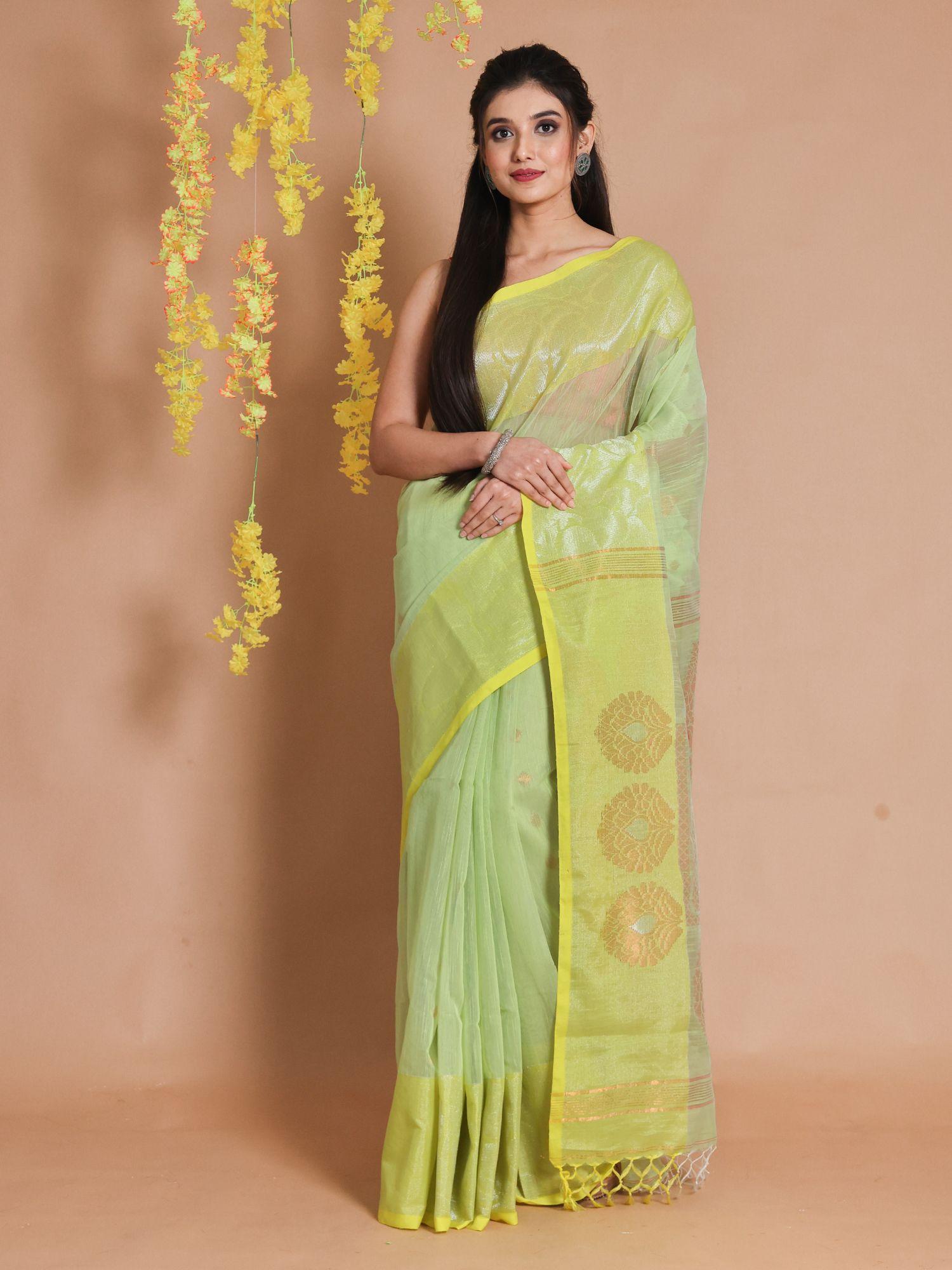 mint green cotton handspun zari woven designs & motifs saree with unstitched blouse