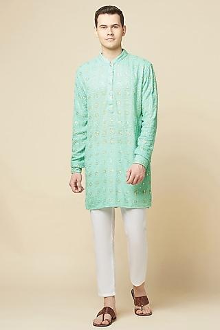 mint green cotton polyester embroidered kurta set for boys